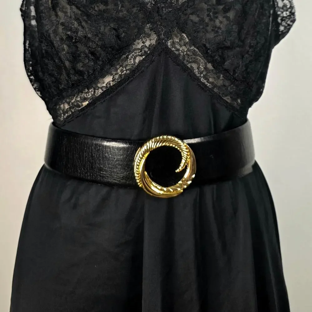 VINT Black Buffalo Calf Waist Leather Belt Gold Buckle Linda Allard Ellen Tracy
